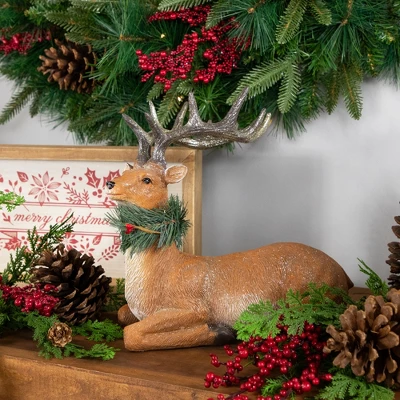 Northlight Glittered Sitting Deer With Pine Neck Wreath Christmas Decoration - 10" 3 Northlight Glittered Sitting Deer With Pine Neck Wreath Christmas Decoration - 10"