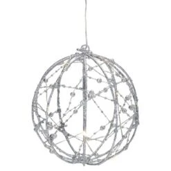 Northlight 8" LED Lighted Silver Wired Christmas Hanging Ball Decoration - Warm White Lights
