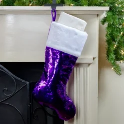 Northlight 23" Purple And Silver Reversible Sequined Christmas Stocking With Faux Fur Cuff