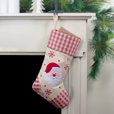 Northlight 16.5" Red And Ivory Embroidered Santa Claus Christmas Stocking With Gingham Cuff 3 Northlight 16.5" Red And Ivory Embroidered Santa Claus Christmas Stocking With Gingham Cuff