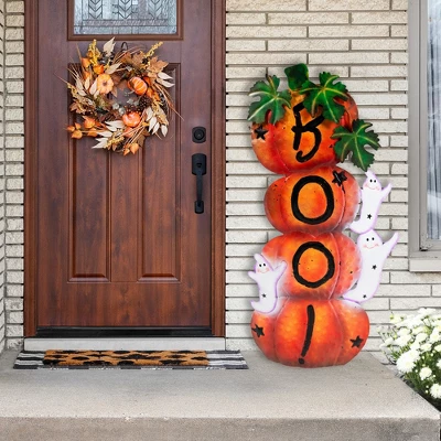 Northlight Stacked Pumpkins "Boo" Halloween Decoration - 33" 3 Northlight Stacked Pumpkins "Boo" Halloween Decoration - 33"