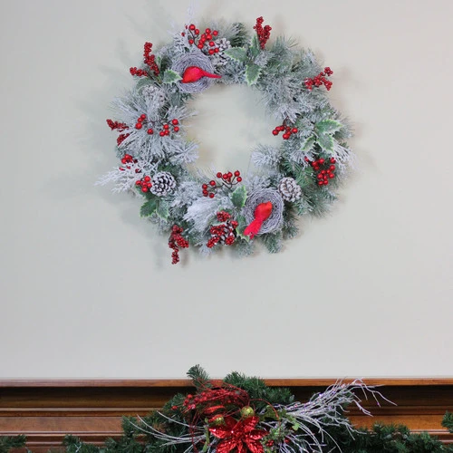 Northlight Berries And Cardinals Nests Flocked Pine Artificial Christmas Wreath - 24" - Unlit 5 Northlight Berries And Cardinals Nests Flocked Pine Artificial Christmas Wreath - 24" - Unlit - Image 3