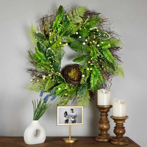 Northlight Green And Brown Foliage Artificial Spring Wreath With Nest - 24" - Unlit 4 Northlight Green And Brown Foliage Artificial Spring Wreath With Nest - 24" - Unlit - Image 2
