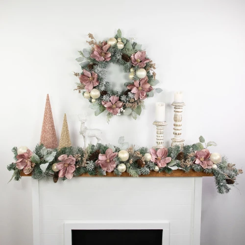 Northlight 6' Pink Floral And Ball Ornament Frosted Pine Artificial Christmas Garland 5 Northlight 6' Pink Floral And Ball Ornament Frosted Pine Artificial Christmas Garland - Image 3