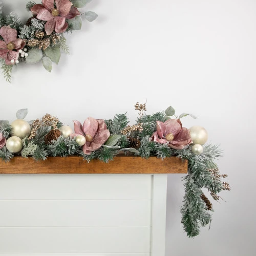 Northlight 6' Pink Floral And Ball Ornament Frosted Pine Artificial Christmas Garland 9 Northlight 6' Pink Floral And Ball Ornament Frosted Pine Artificial Christmas Garland - Image 7