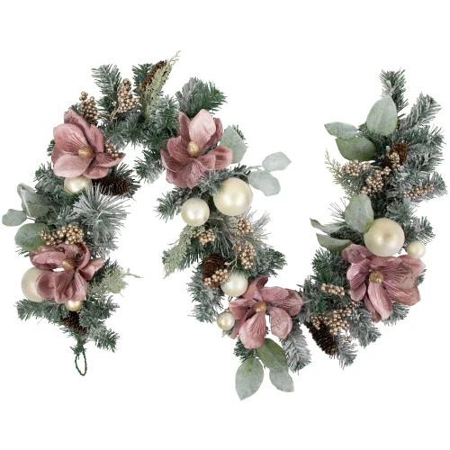 Northlight 6' Pink Floral And Ball Ornament Frosted Pine Artificial Christmas Garland 4 Northlight 6' Pink Floral And Ball Ornament Frosted Pine Artificial Christmas Garland - Image 2