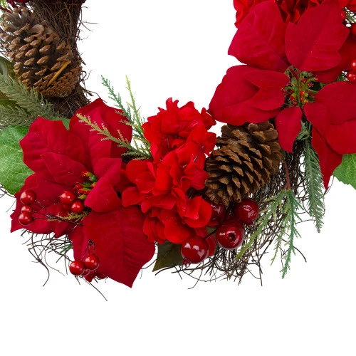 Northlight Poinsettia And Hydrangea Artificial Christmas Wreath - 24" - Unlit 5 Northlight Poinsettia And Hydrangea Artificial Christmas Wreath - 24" - Unlit - Image 3