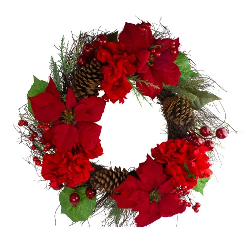 Northlight Poinsettia And Hydrangea Artificial Christmas Wreath - 24" - Unlit 3 Northlight Poinsettia And Hydrangea Artificial Christmas Wreath - 24" - Unlit