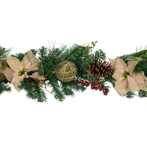 Northlight Pine With Burlap Poinsettias And Jute Ornaments Christmas Garland - 6' X 10" - Unlit 4 Northlight Pine With Burlap Poinsettias And Jute Ornaments Christmas Garland - 6' X 10" - Unlit - Image 2