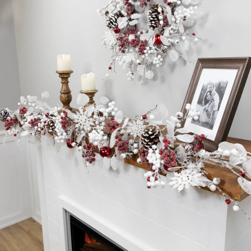 Northlight Berries And Snowflakes Artificial Christmas Garland - 6' X 8" - Red And White - Unlit 4 Northlight Berries And Snowflakes Artificial Christmas Garland - 6' X 8" - Red And White - Unlit - Image 2