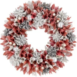 Northlight 13" Pink And White Wooden Floral Christmas Wreath With Pinecones