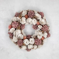 Northlight 13" White And Pink Wooden Floral Christmas Wreath With Pinecones -Festival northlight sh27004 ongray 30940.1680285012