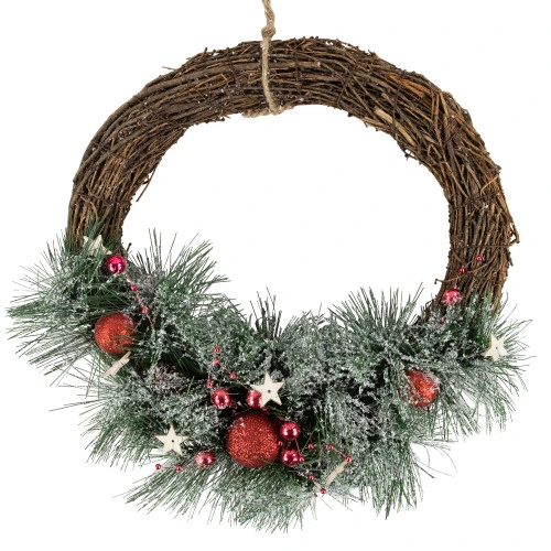 Northlight Red Ornaments, Pine Needle And Stars Frosted Christmas Wreath, 13.75-Inch 3 Northlight Red Ornaments, Pine Needle And Stars Frosted Christmas Wreath, 13.75-Inch