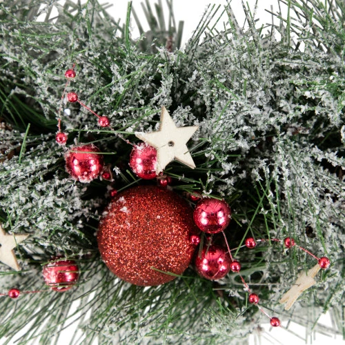 Northlight Red Ornaments, Pine Needle And Stars Frosted Christmas Wreath, 13.75-Inch 6 Northlight Red Ornaments, Pine Needle And Stars Frosted Christmas Wreath, 13.75-Inch - Image 4
