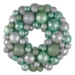 Northlight Silver And Seafoam Green 3-Finish Shatterproof Ball Christmas Wreath, 13-Inch