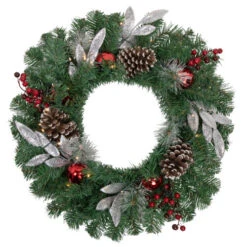 Northlight Pre-Lit Battery Operated Frosted Pine Cone And Berries Christmas Wreath - 24" - White LED Lights