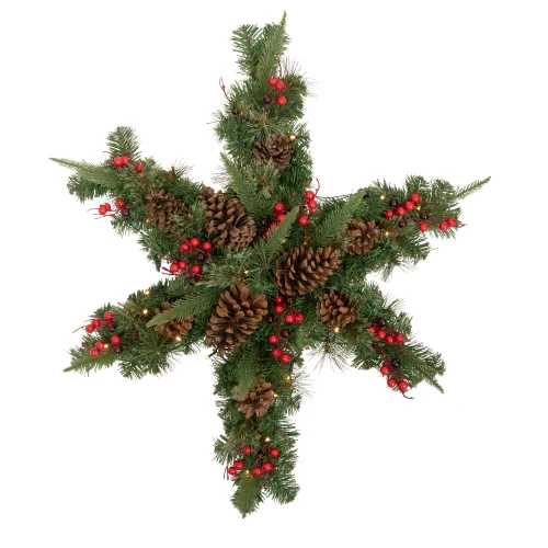 Northlight Pre-Lit Battery Operated Mixed Pine And Berries Christmas Snowflake Wreath - 32" - Warm White LED Lights 3 Northlight Pre-Lit Battery Operated Mixed Pine And Berries Christmas Snowflake Wreath - 32" - Warm White LED Lights