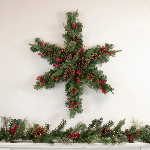 Northlight Pre-Lit Battery Operated Mixed Pine And Berries Christmas Snowflake Wreath - 32" - Warm White LED Lights 4 Northlight Pre-Lit Battery Operated Mixed Pine And Berries Christmas Snowflake Wreath - 32" - Warm White LED Lights - Image 2
