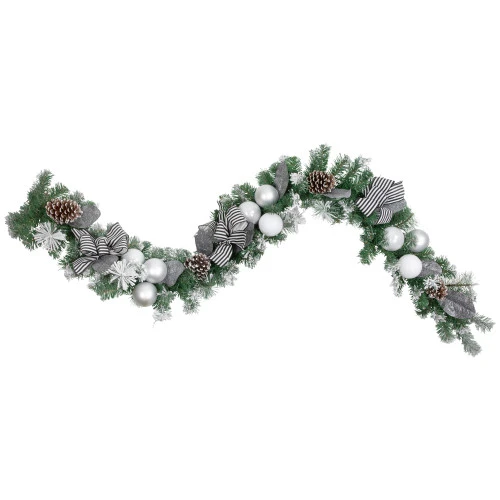 Northlight 6' Frosted Pine Artificial Christmas Garland With Striped Bows And Ornaments 3 Northlight 6' Frosted Pine Artificial Christmas Garland With Striped Bows And Ornaments