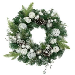 Northlight Green Pine Frosted Artificial Christmas Wreath With Laced Ornaments, 24-Inch, Unlit
