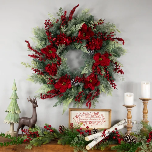 Northlight Real Touch™ Poinsettia And Pinecone Artificial Christmas Wreath - 38" - Unlit 4 Northlight Real Touch™ Poinsettia And Pinecone Artificial Christmas Wreath - 38" - Unlit - Image 2