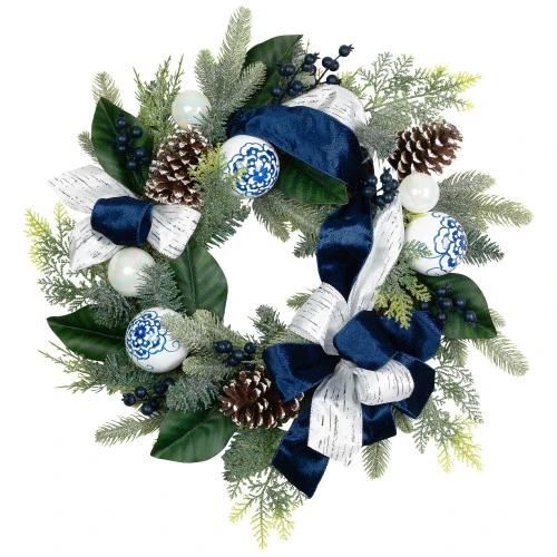 Northlight Frosted Pine With Blueberries, Bows And Ornaments Christmas Wreath - 24" - Unlit 4 Northlight Frosted Pine With Blueberries, Bows And Ornaments Christmas Wreath - 24" - Unlit - Image 2