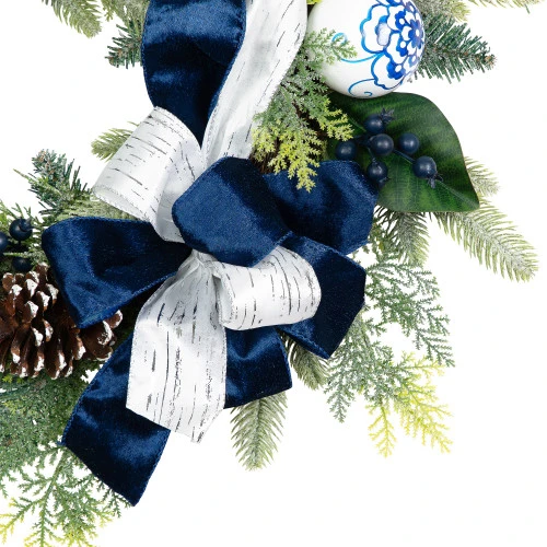 Northlight Frosted Pine With Blueberries, Bows And Ornaments Christmas Wreath - 24" - Unlit 6 Northlight Frosted Pine With Blueberries, Bows And Ornaments Christmas Wreath - 24" - Unlit - Image 4