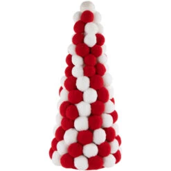 Northlight Pom Pom Cone Tree Christmas Decoration - 13" - White And Red