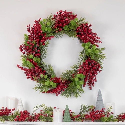 Northlight 5' X 8" Frosted Pine And Red Berry Christmas Garland - Unlit 4 Northlight 5' X 8" Frosted Pine And Red Berry Christmas Garland - Unlit - Image 2