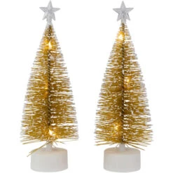 Northlight LED Lighted Mini Bottle Brush Pine Christmas Village Trees - Gold Finish - Set Of 2