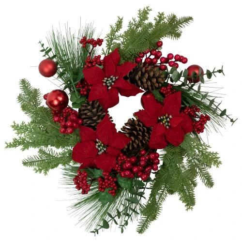 Northlight Berry And Poinsettia Artificial Christmas Wreath - 22" - Unlit 3 Northlight Berry And Poinsettia Artificial Christmas Wreath - 22" - Unlit