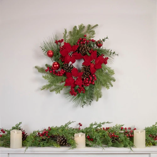 Northlight Berry And Poinsettia Artificial Christmas Wreath - 22" - Unlit 4 Northlight Berry And Poinsettia Artificial Christmas Wreath - 22" - Unlit - Image 2